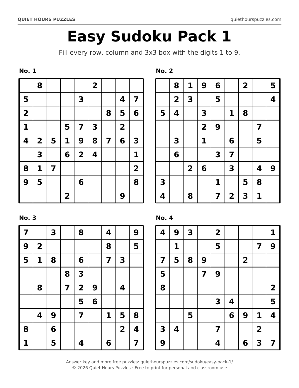 Preview of a page with four easy sudoku puzzles