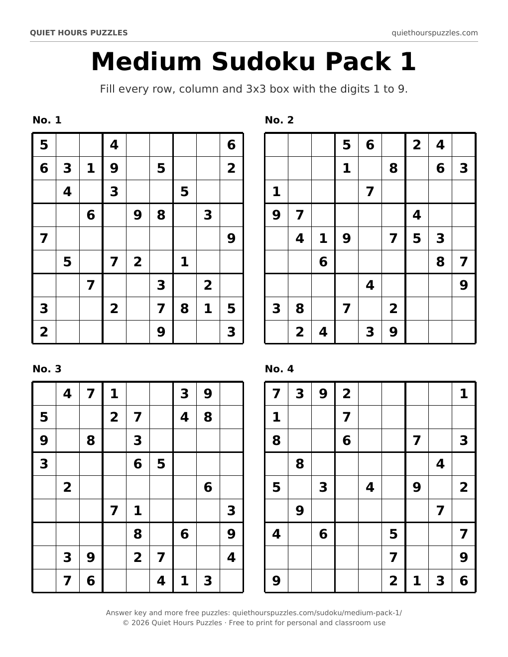 Preview of a page with four medium sudoku puzzles
