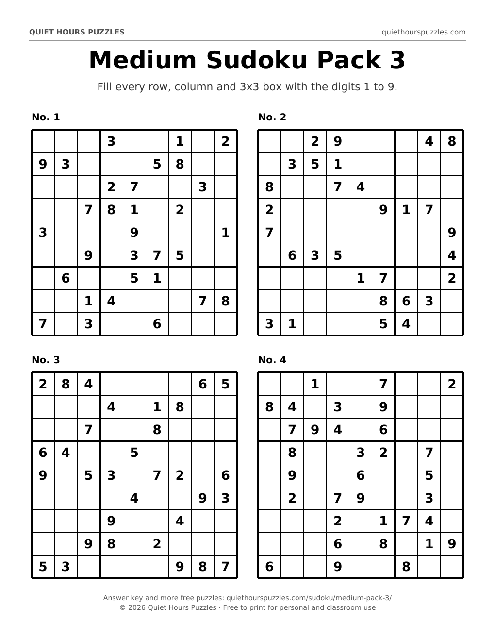 Preview of a page with four medium sudoku puzzles