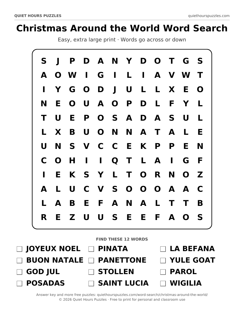 Preview of the easy christmas around the world word search page