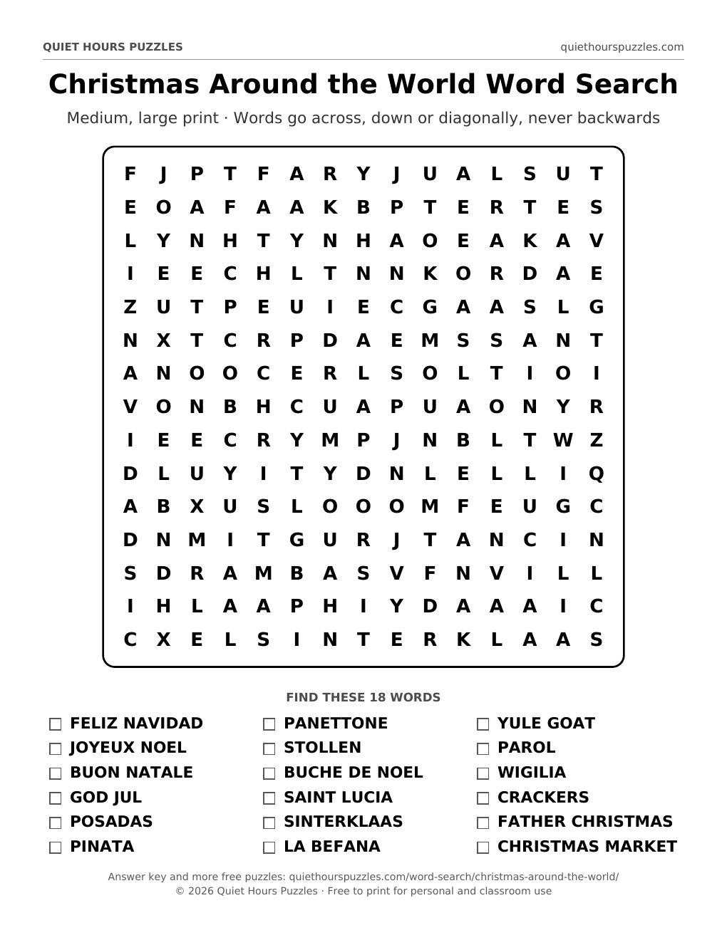 Preview of the medium christmas around the world word search page