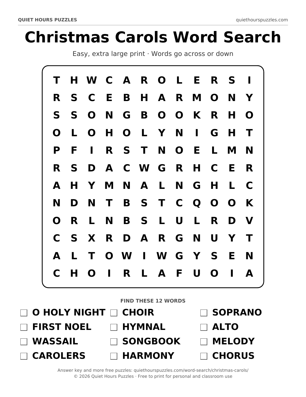 Preview of the easy christmas carols word search page