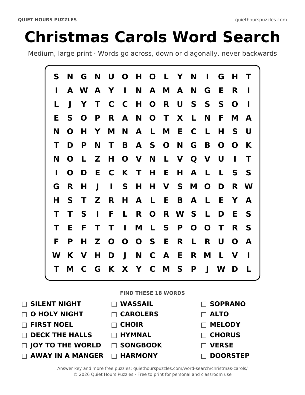 Preview of the medium christmas carols word search page