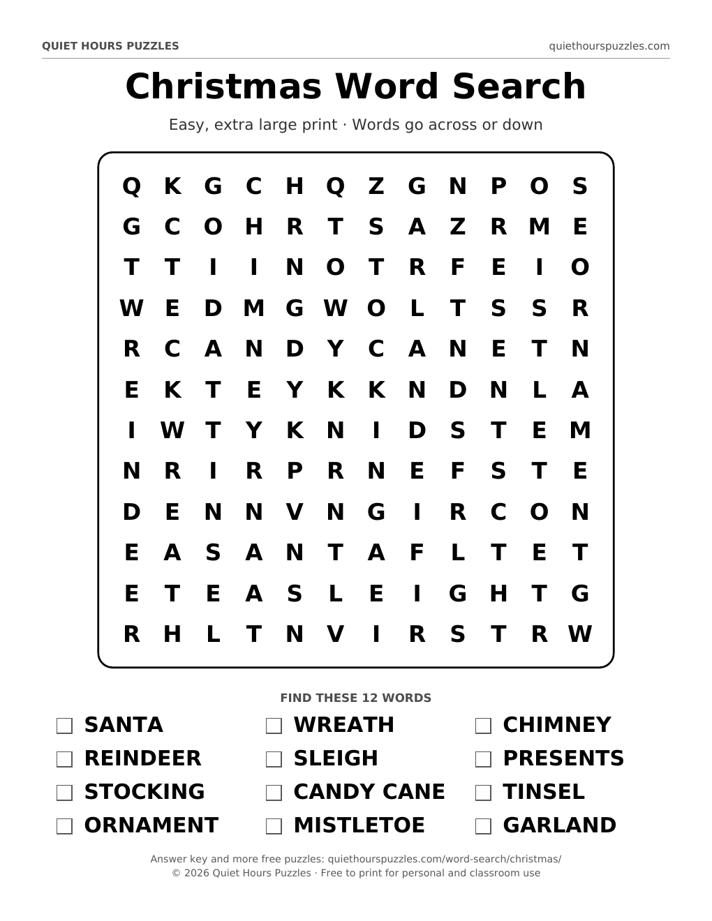Preview of the easy christmas word search page