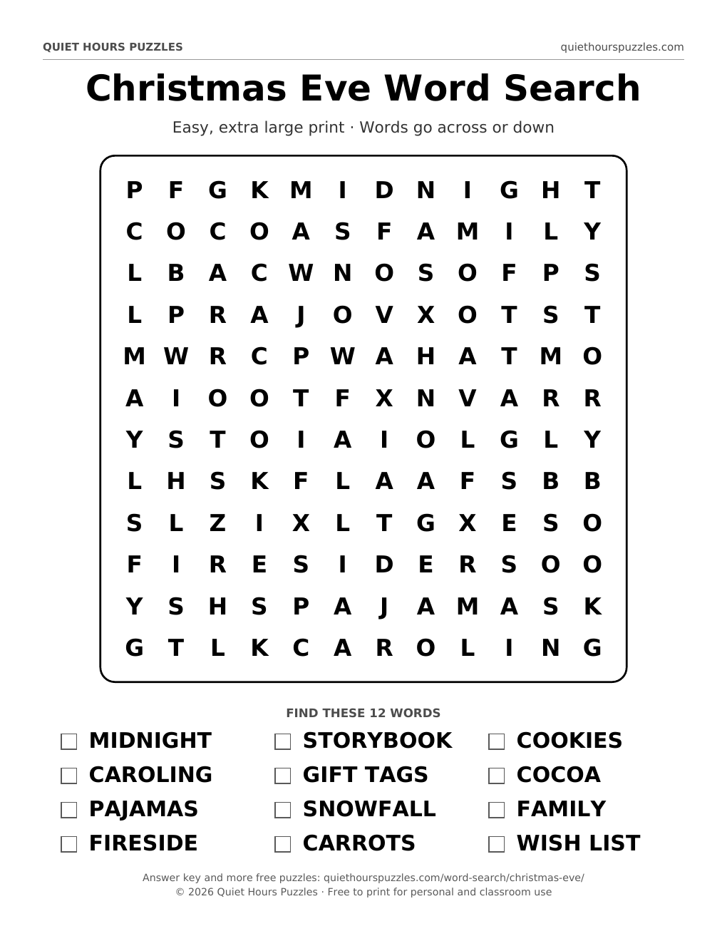 Preview of the easy christmas eve word search page