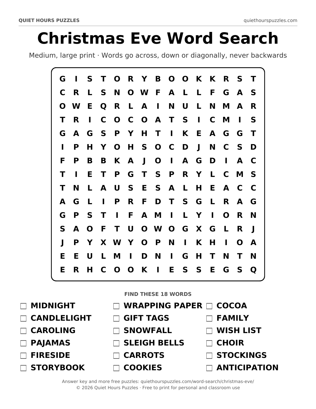 Preview of the medium christmas eve word search page