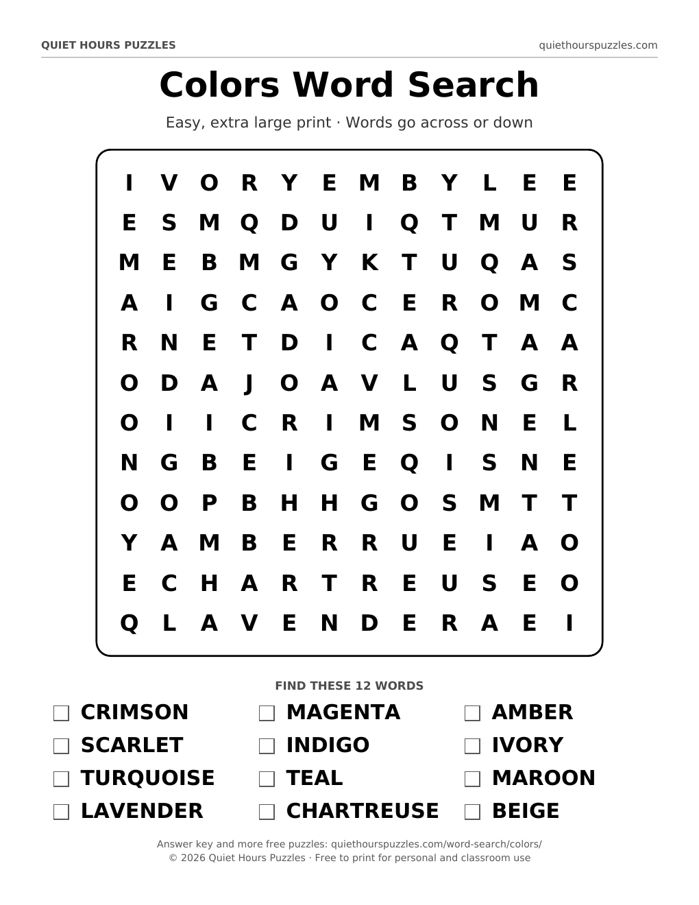 Preview of the easy colors word search page