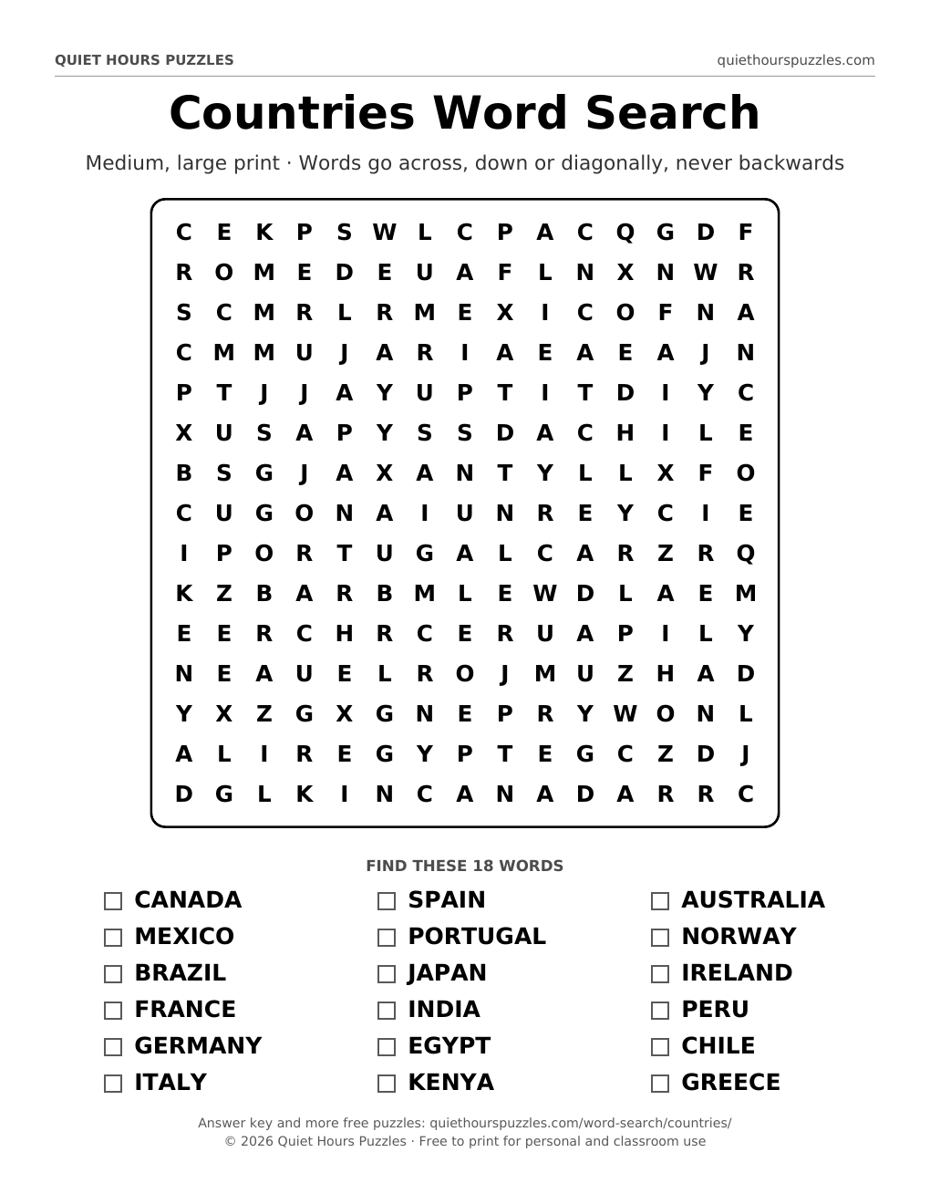 Preview of the medium countries word search page