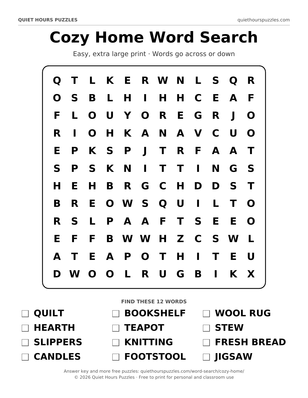 Preview of the easy cozy home word search page