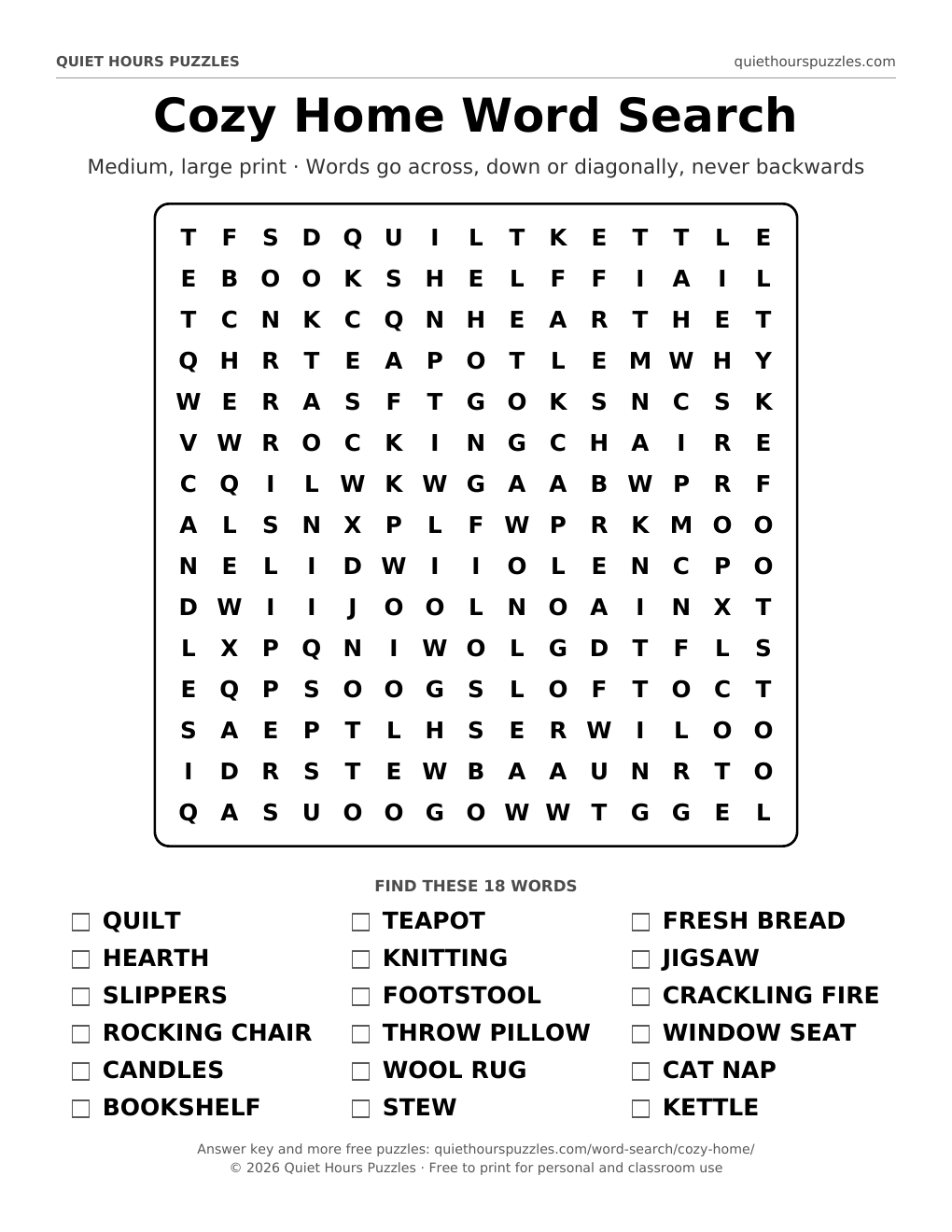 Preview of the medium cozy home word search page