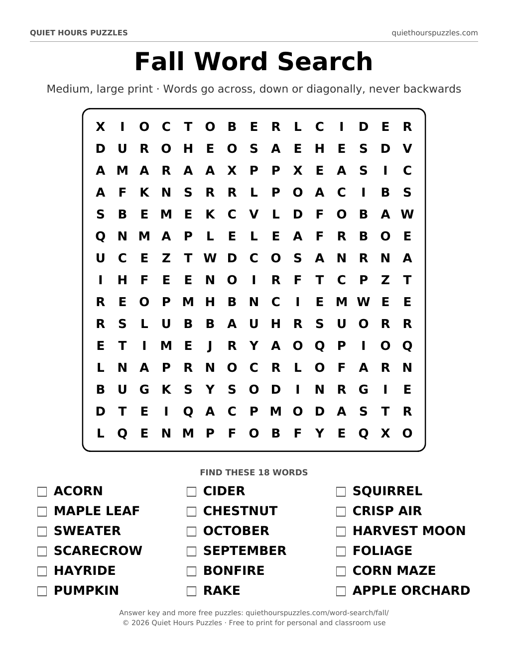 Preview of the medium fall word search page