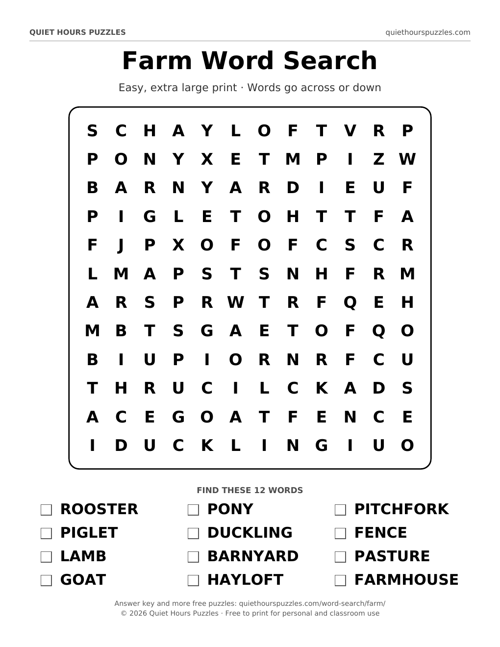Preview of the easy farm word search page