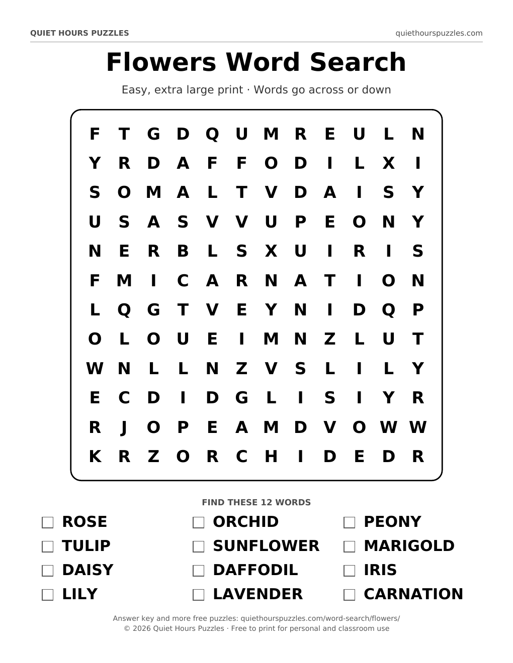 Preview of the easy flowers word search page