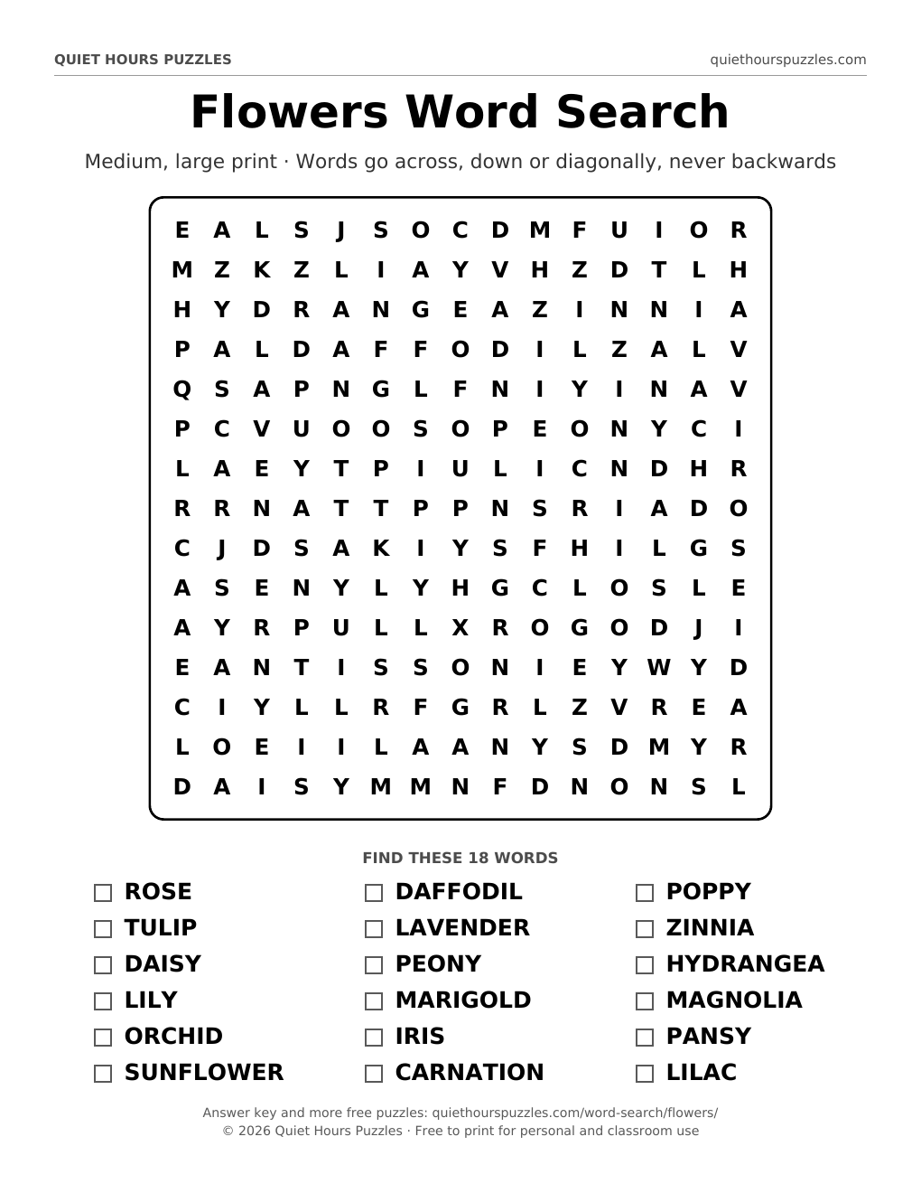 Preview of the medium flowers word search page