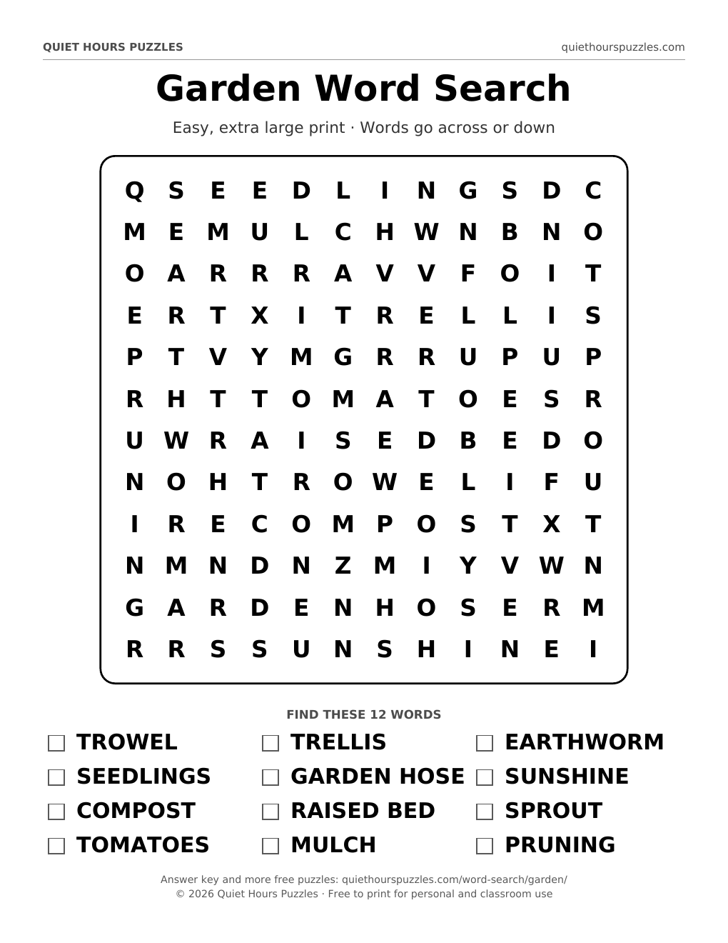 Preview of the easy garden word search page