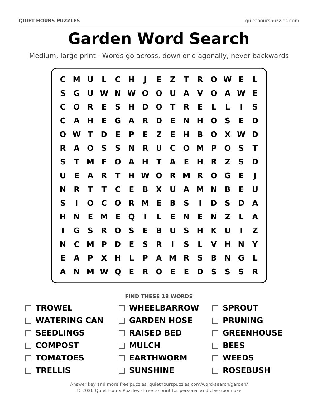 Preview of the medium garden word search page