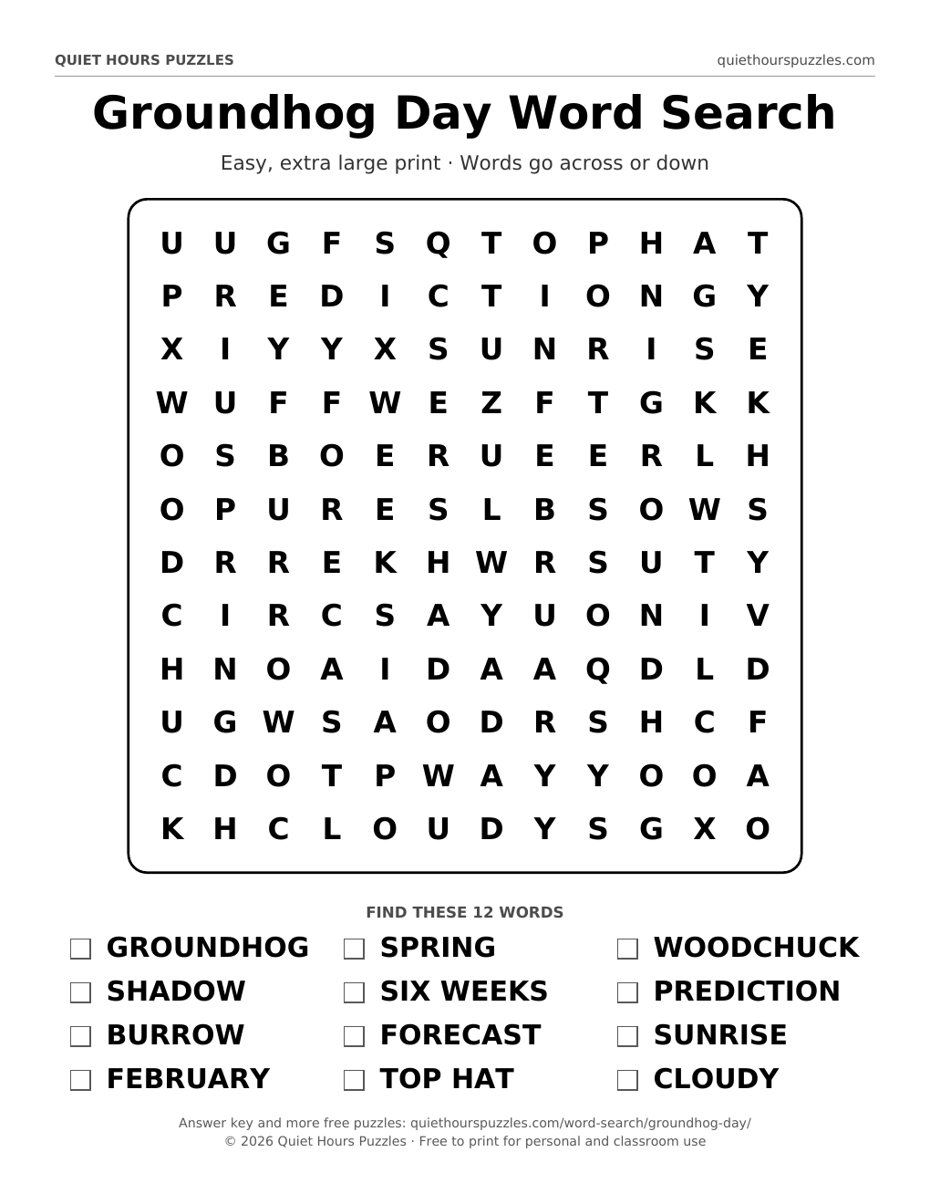 Preview of the easy groundhog day word search page