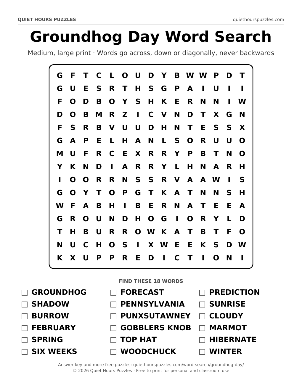 Preview of the medium groundhog day word search page