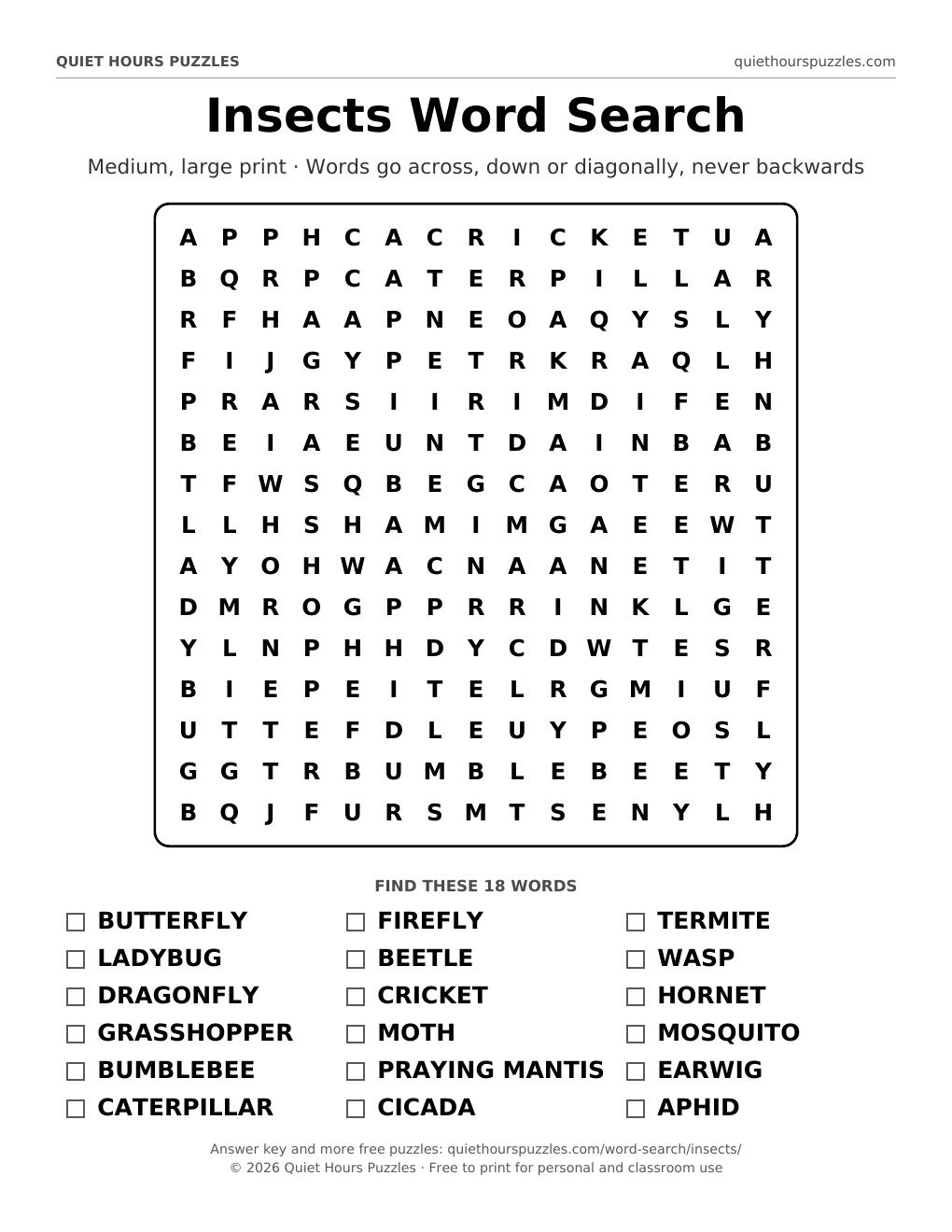 Preview of the medium insects word search page