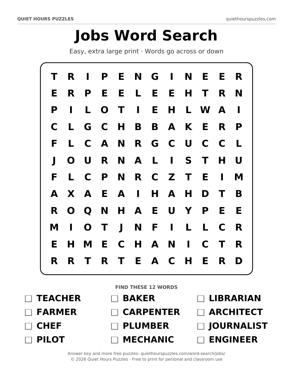 Preview of the easy jobs word search page