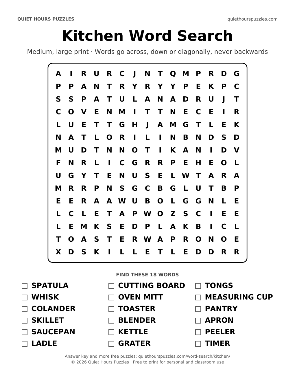 Preview of the medium kitchen word search page