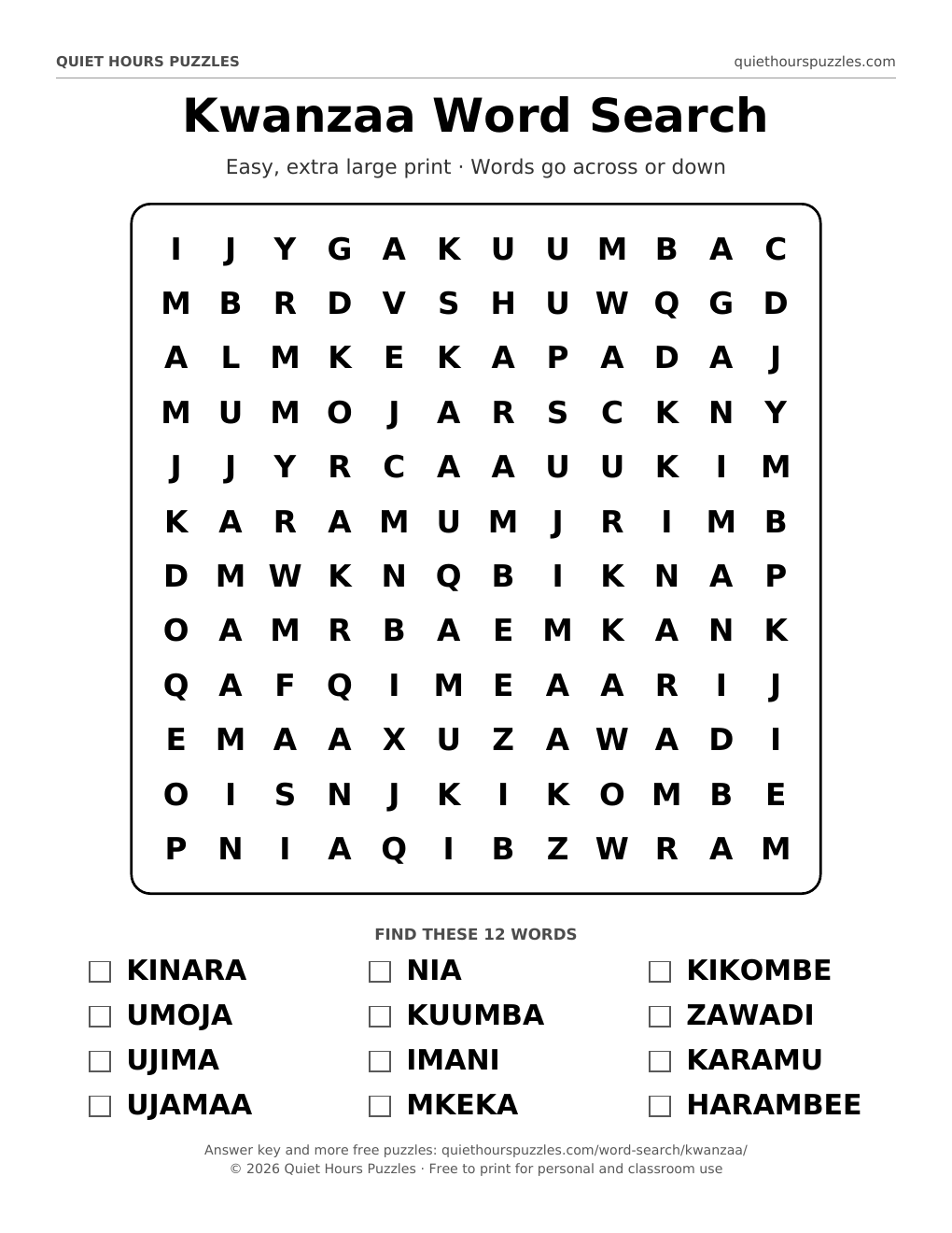 Preview of the easy kwanzaa word search page