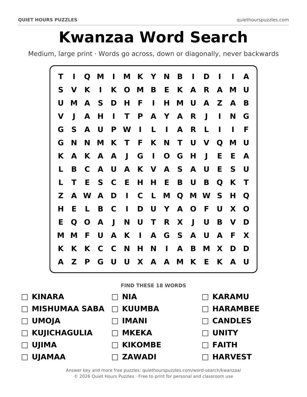 Preview of the medium kwanzaa word search page