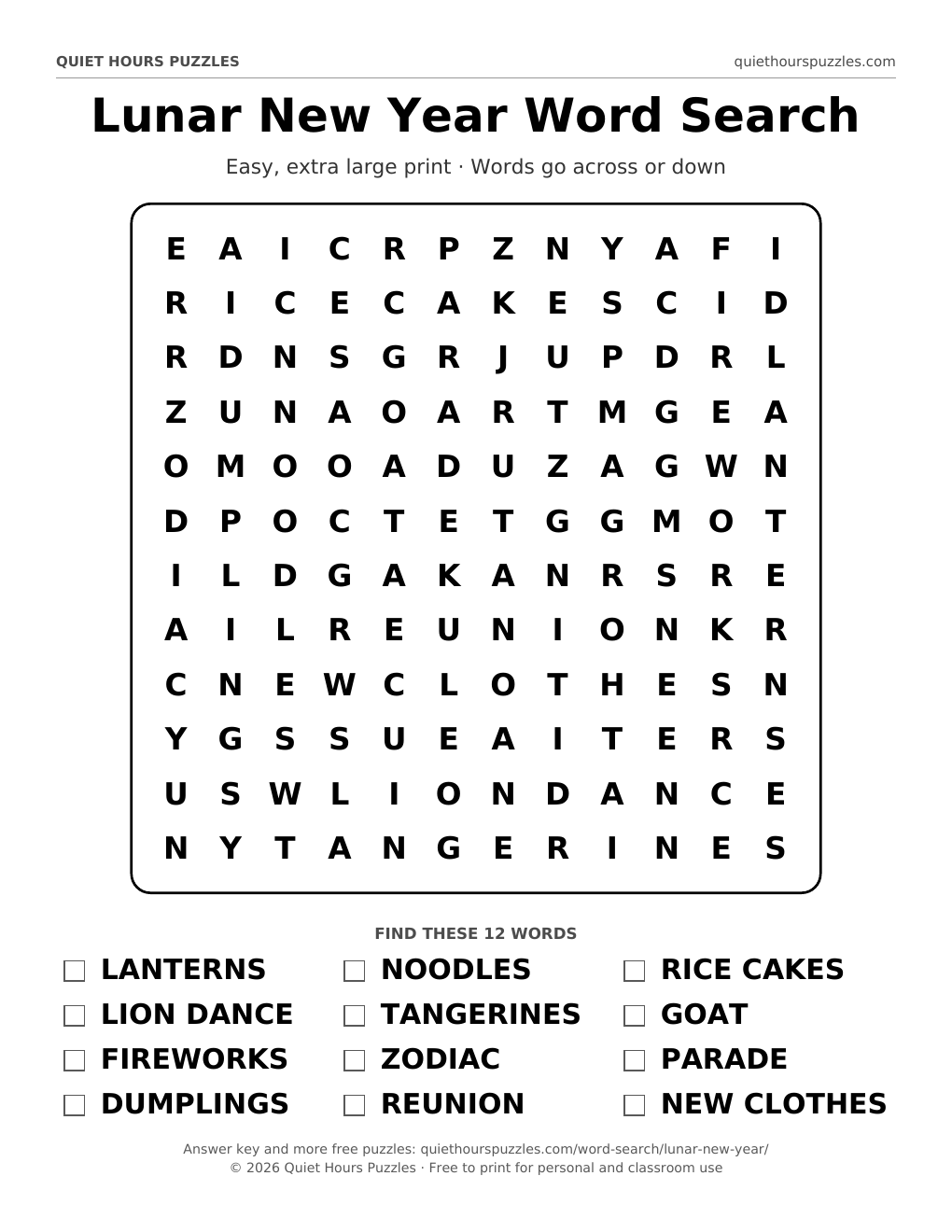 Preview of the easy lunar new year word search page