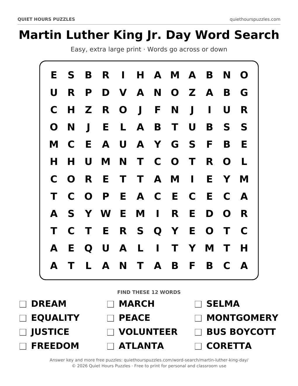 Preview of the easy martin luther king jr. day word search page