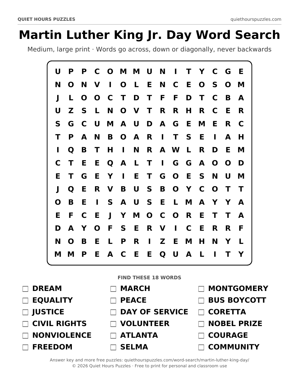 Preview of the medium martin luther king jr. day word search page