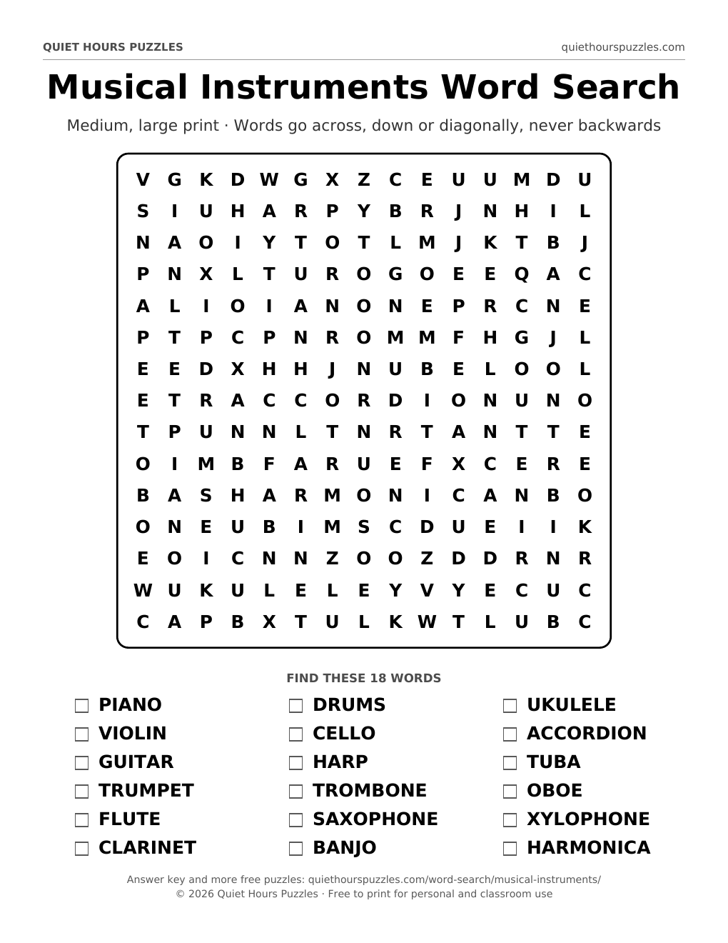 Preview of the medium musical instruments word search page