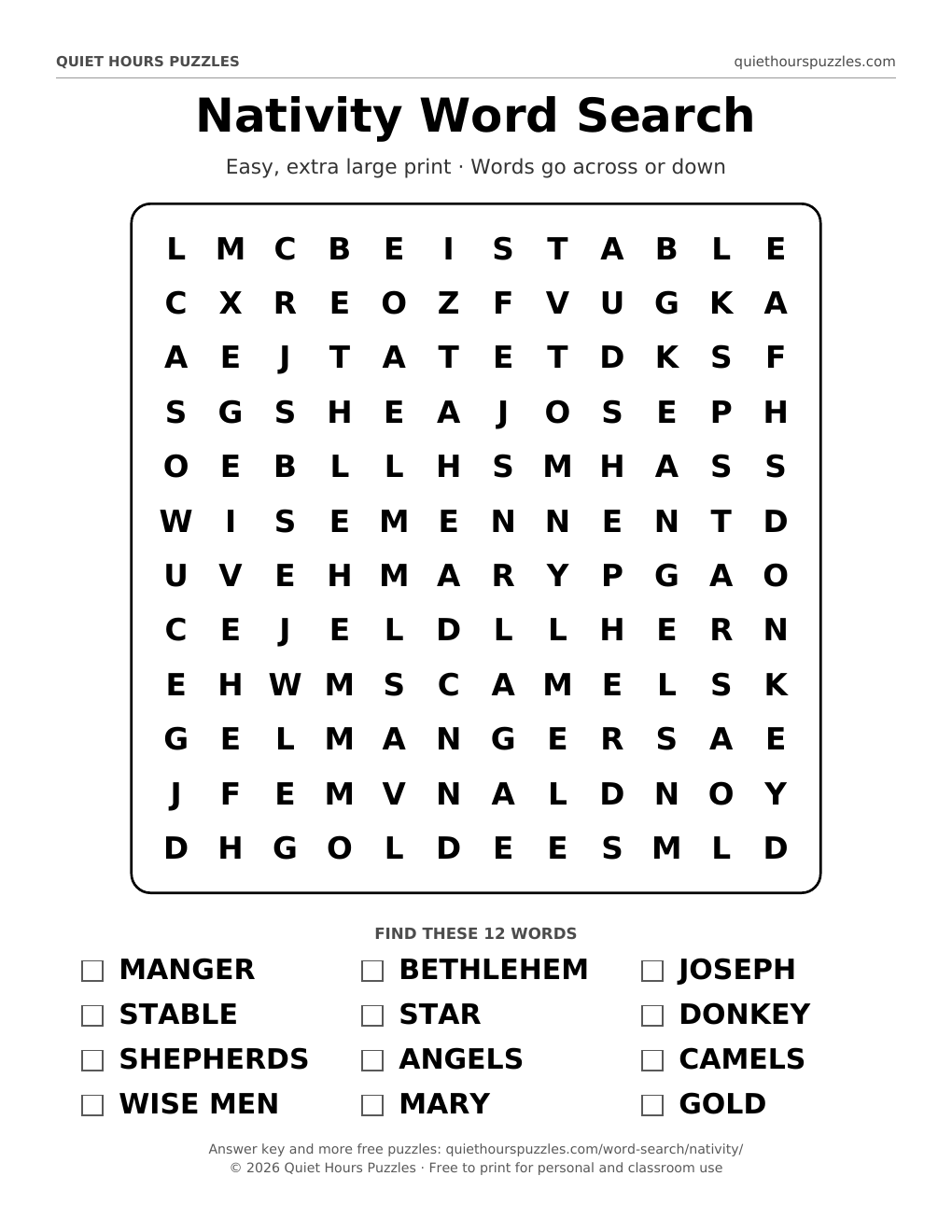Preview of the easy nativity word search page