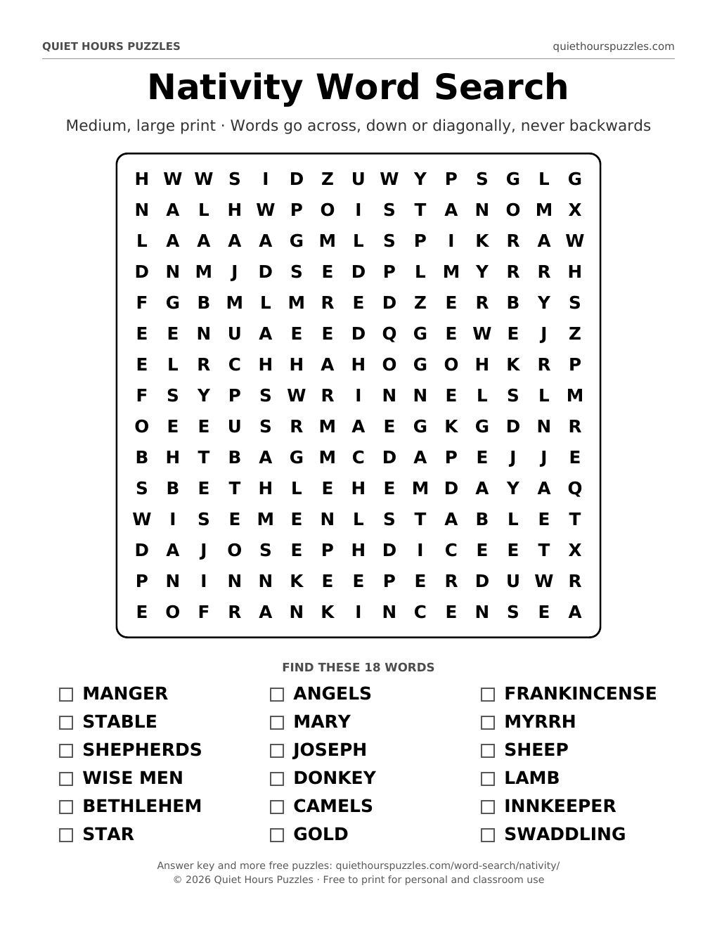 Preview of the medium nativity word search page