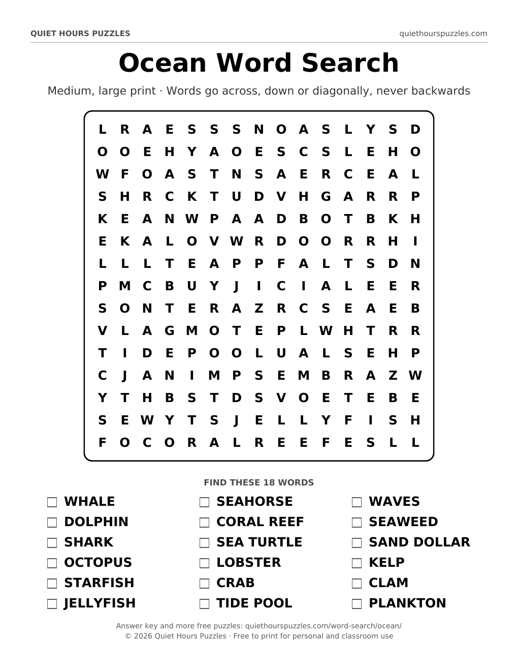 Preview of the medium ocean word search page