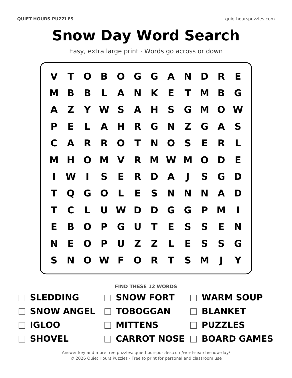 Preview of the easy snow day word search page