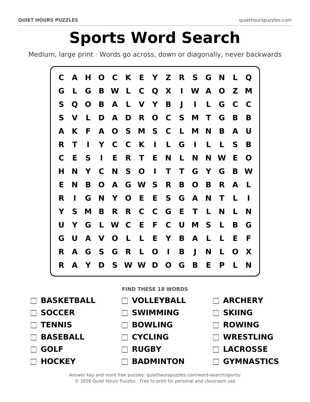 Preview of the medium sports word search page