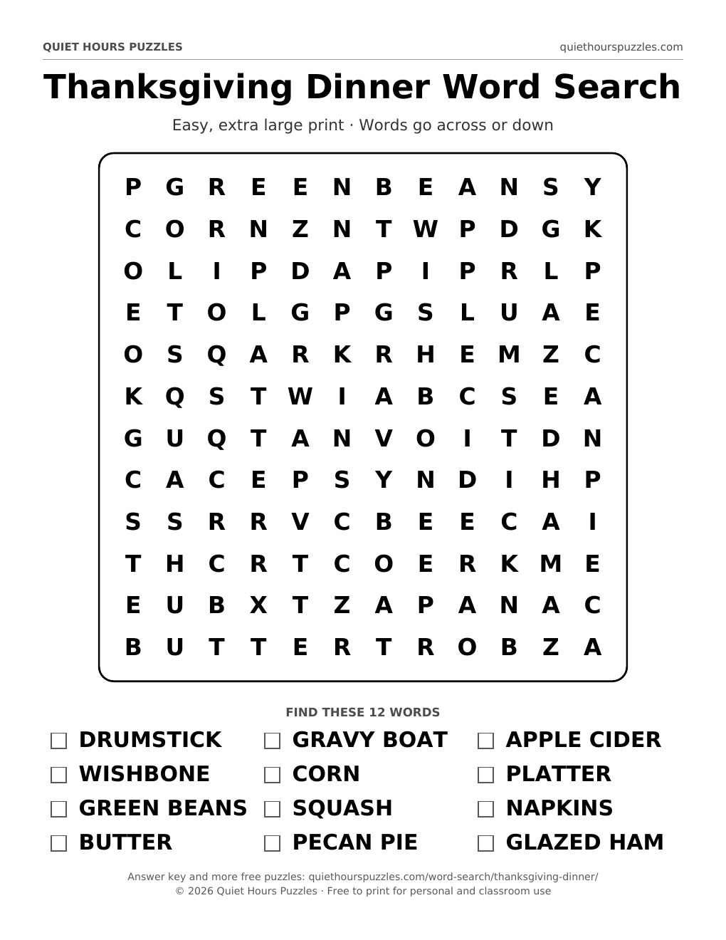 Preview of the easy thanksgiving dinner word search page