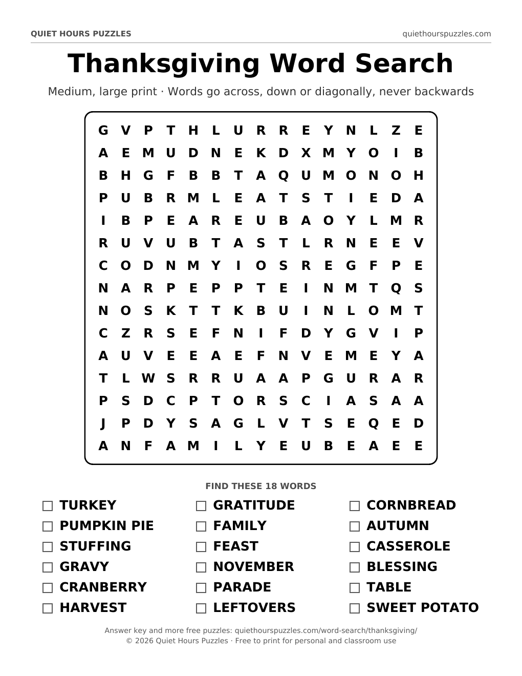 Preview of the medium thanksgiving word search page