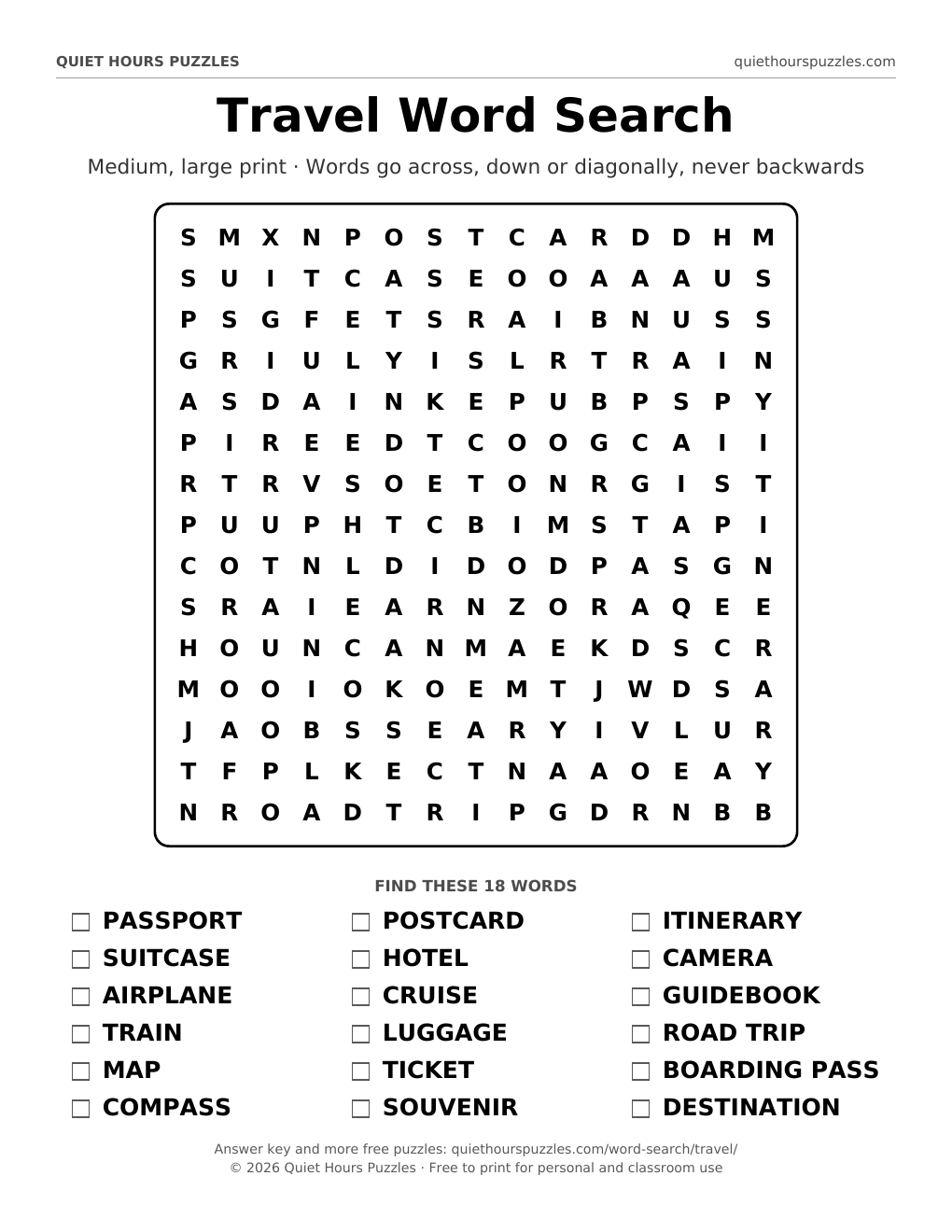 Preview of the medium travel word search page