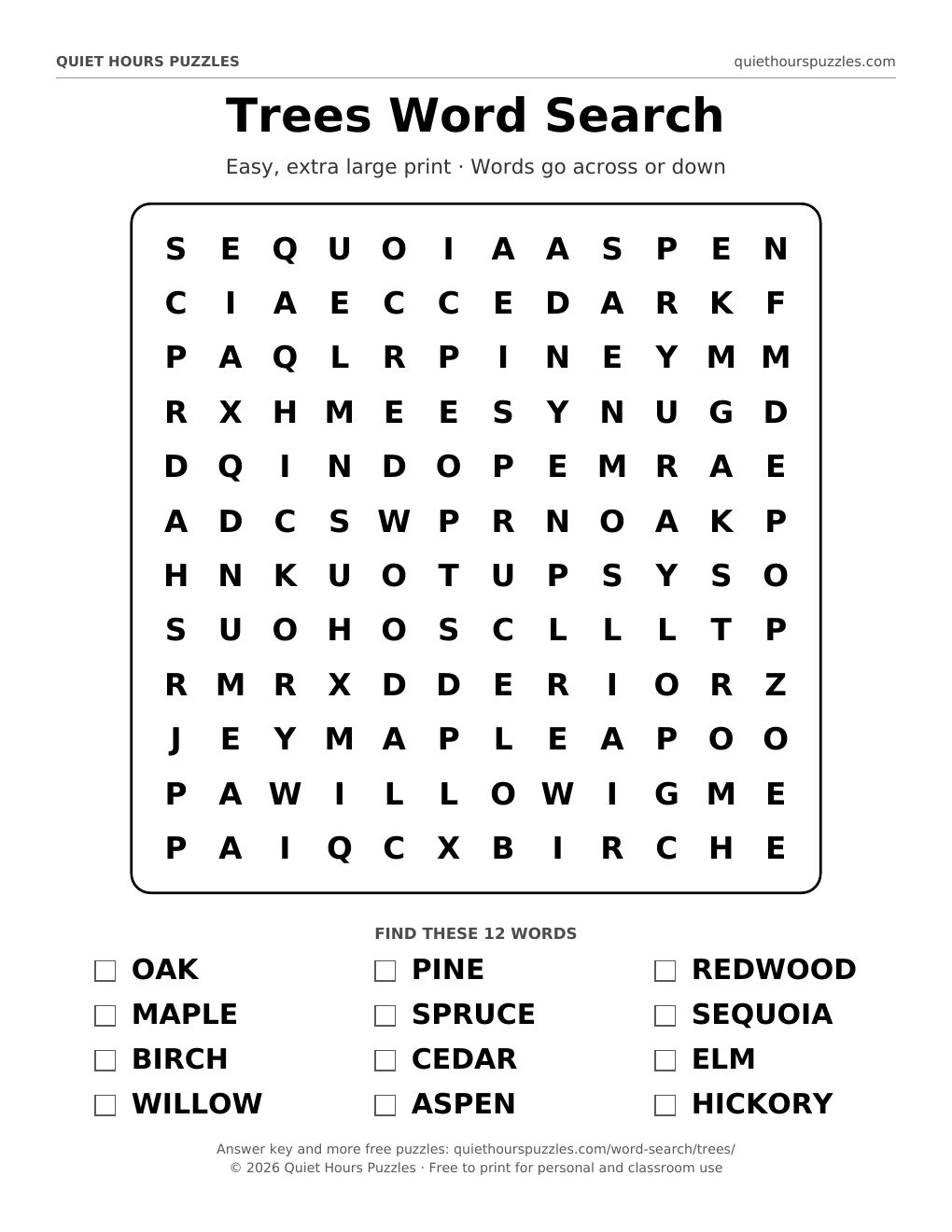 Preview of the easy trees word search page