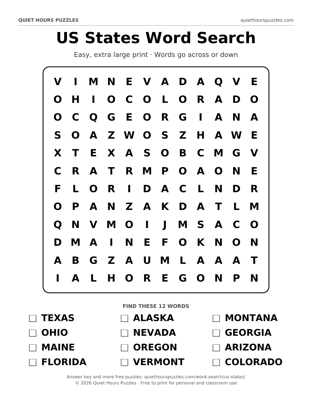 Preview of the easy us states word search page