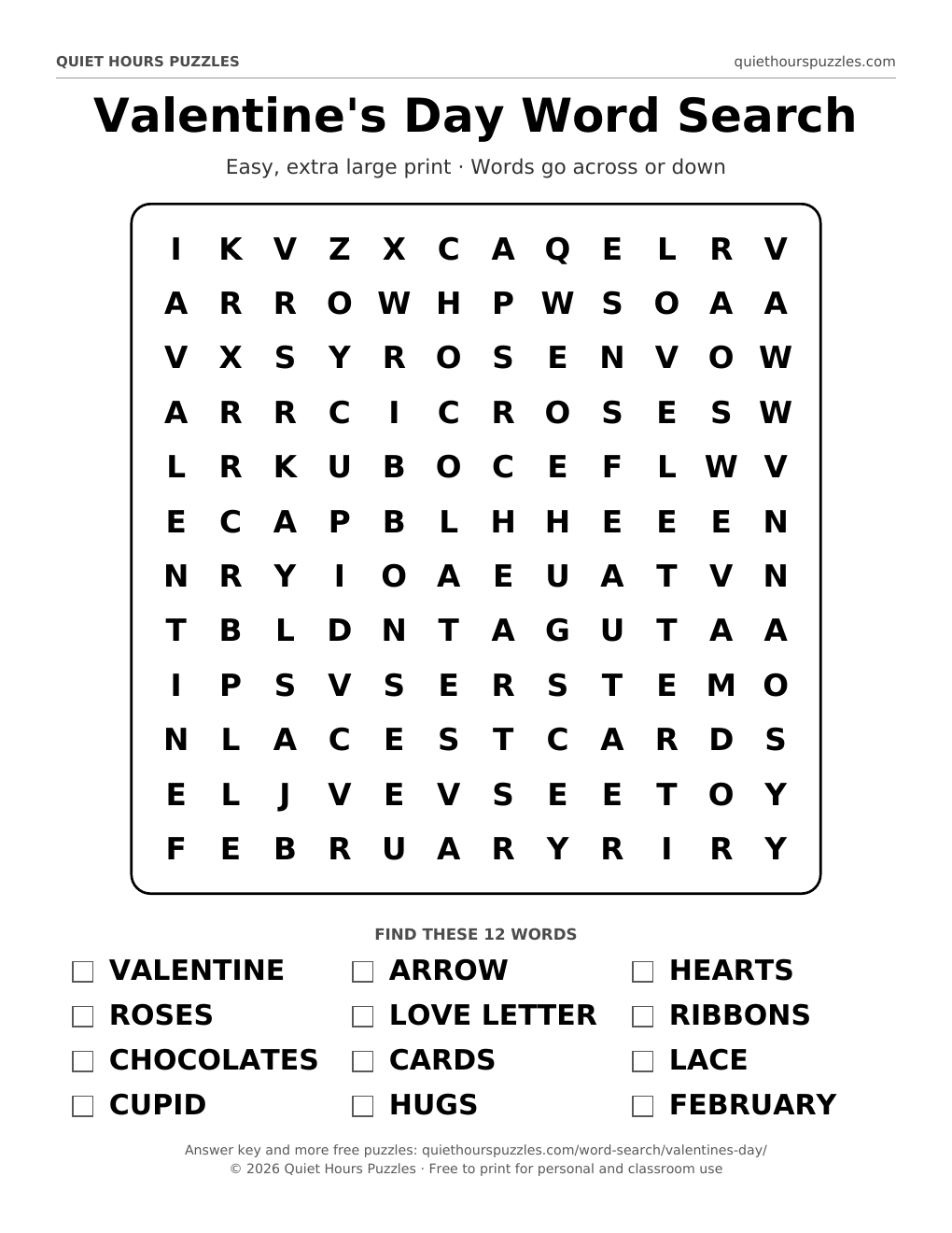 Preview of the easy valentine's day word search page