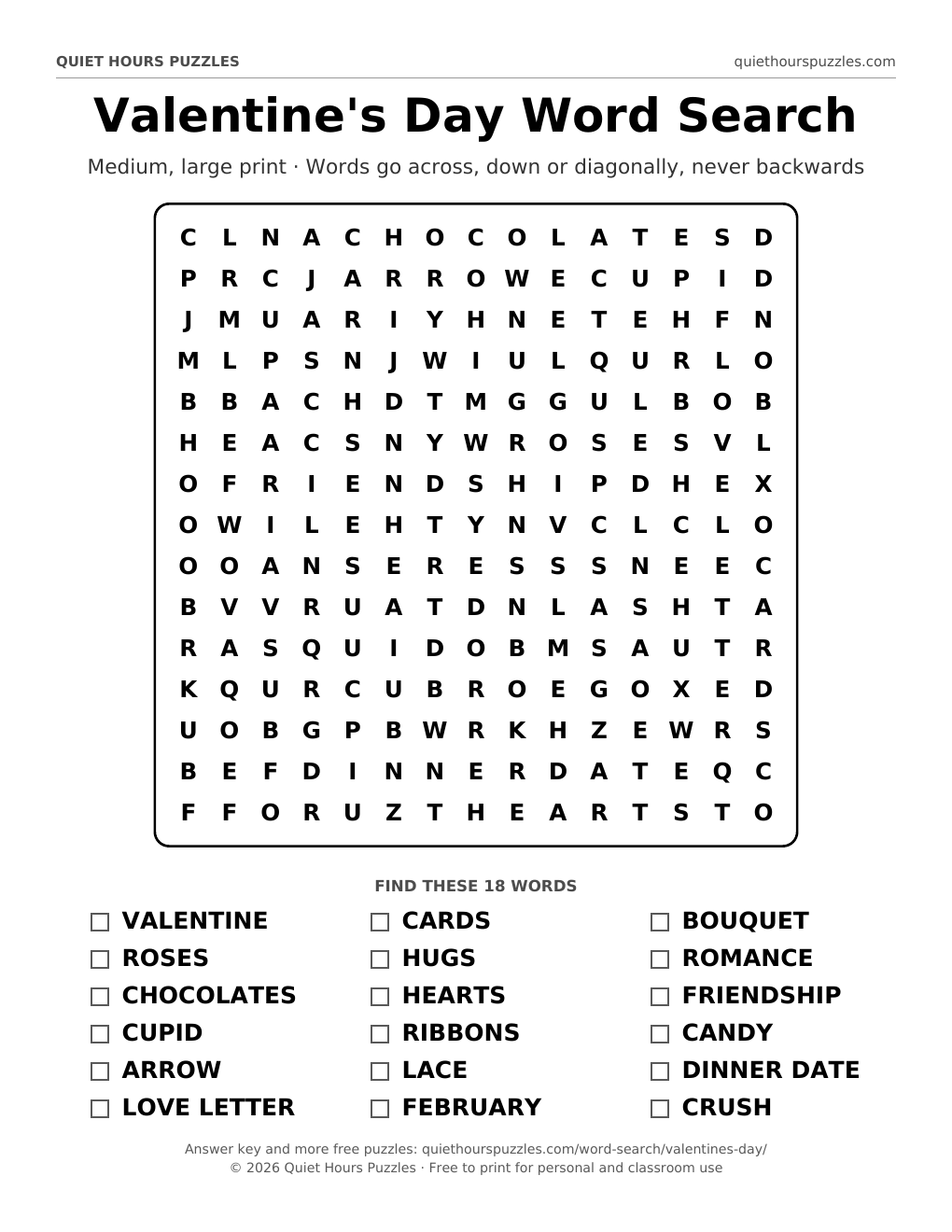Preview of the medium valentine's day word search page