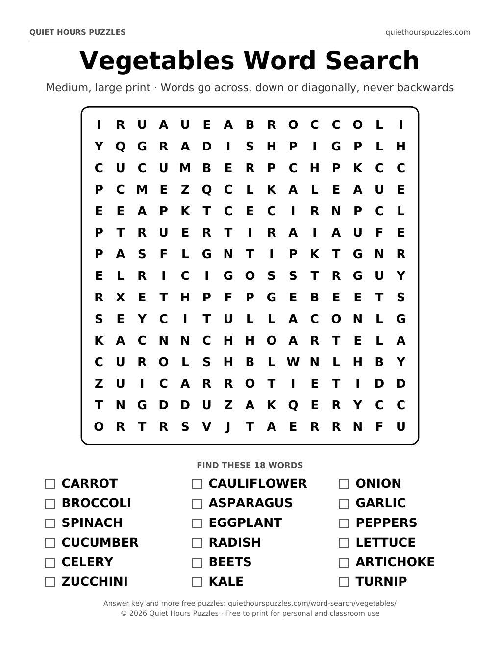 Preview of the medium vegetables word search page