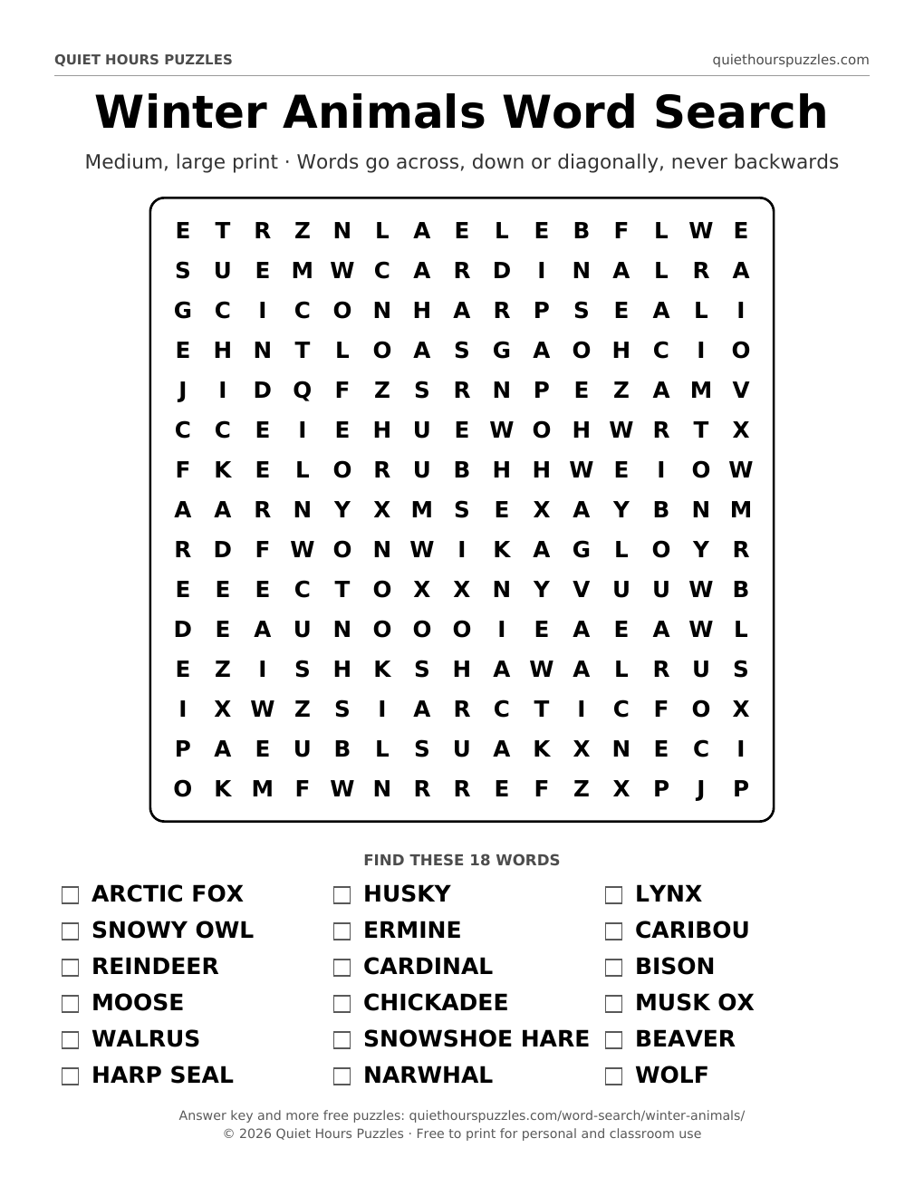 Preview of the medium winter animals word search page
