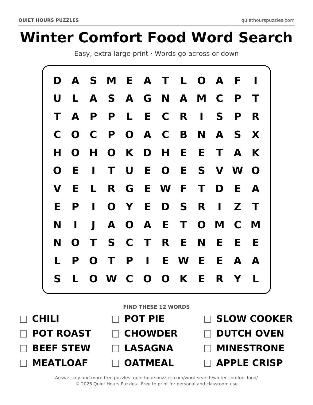 Preview of the easy winter comfort food word search page