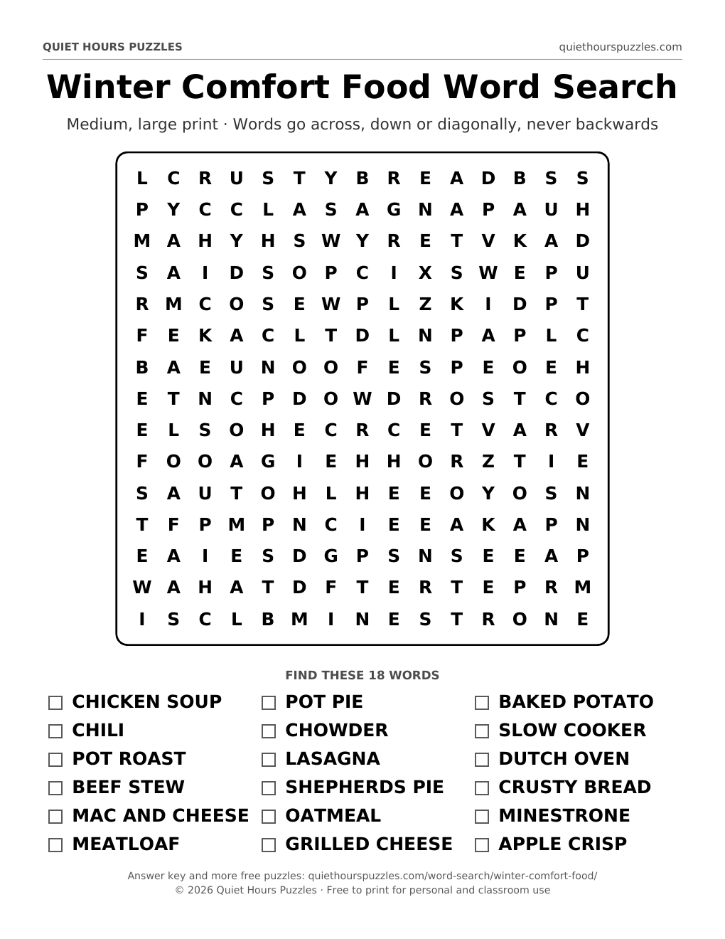Preview of the medium winter comfort food word search page