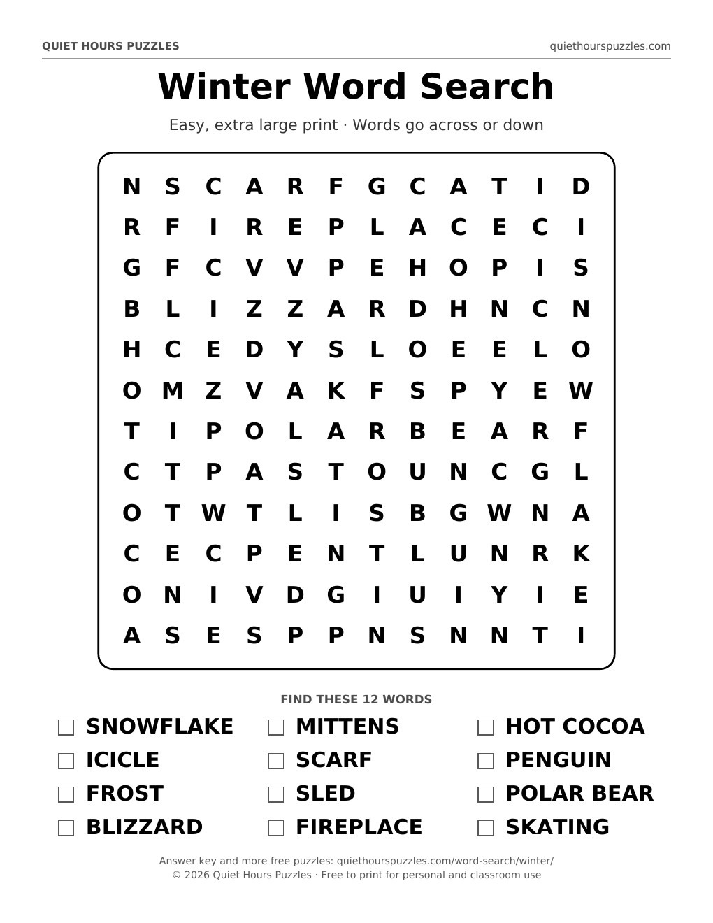 Preview of the easy winter word search page