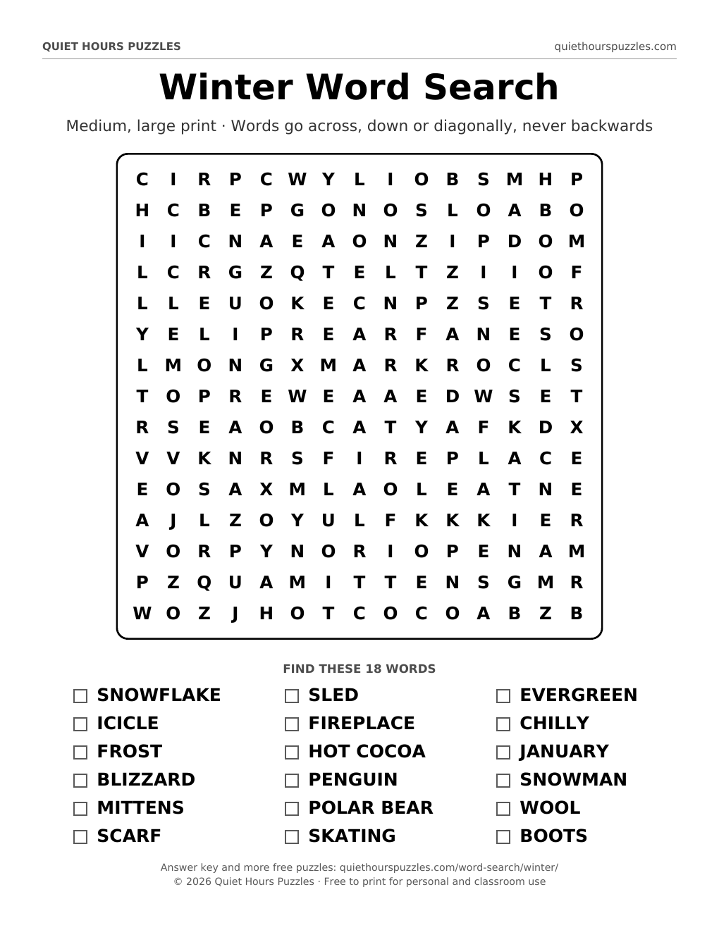 Preview of the medium winter word search page