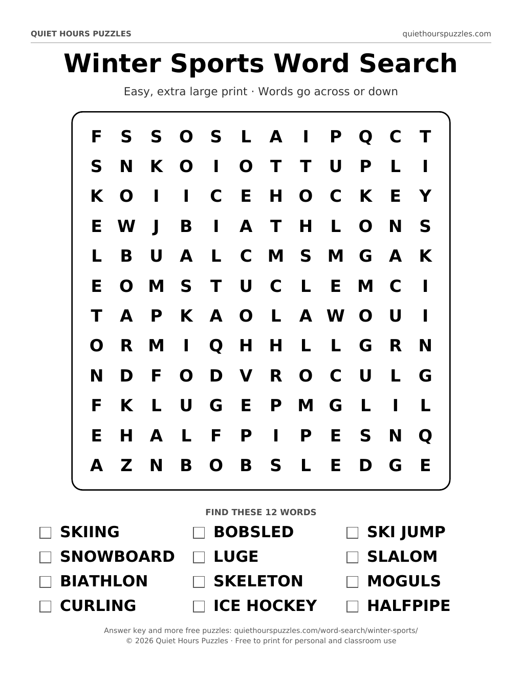 Preview of the easy winter sports word search page